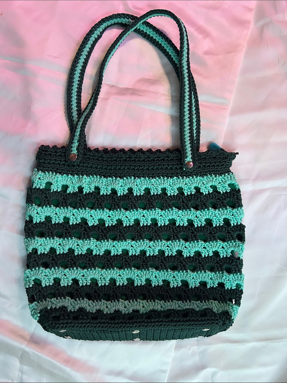 Handcrafted forest green & mint green Crochet Tote Bag